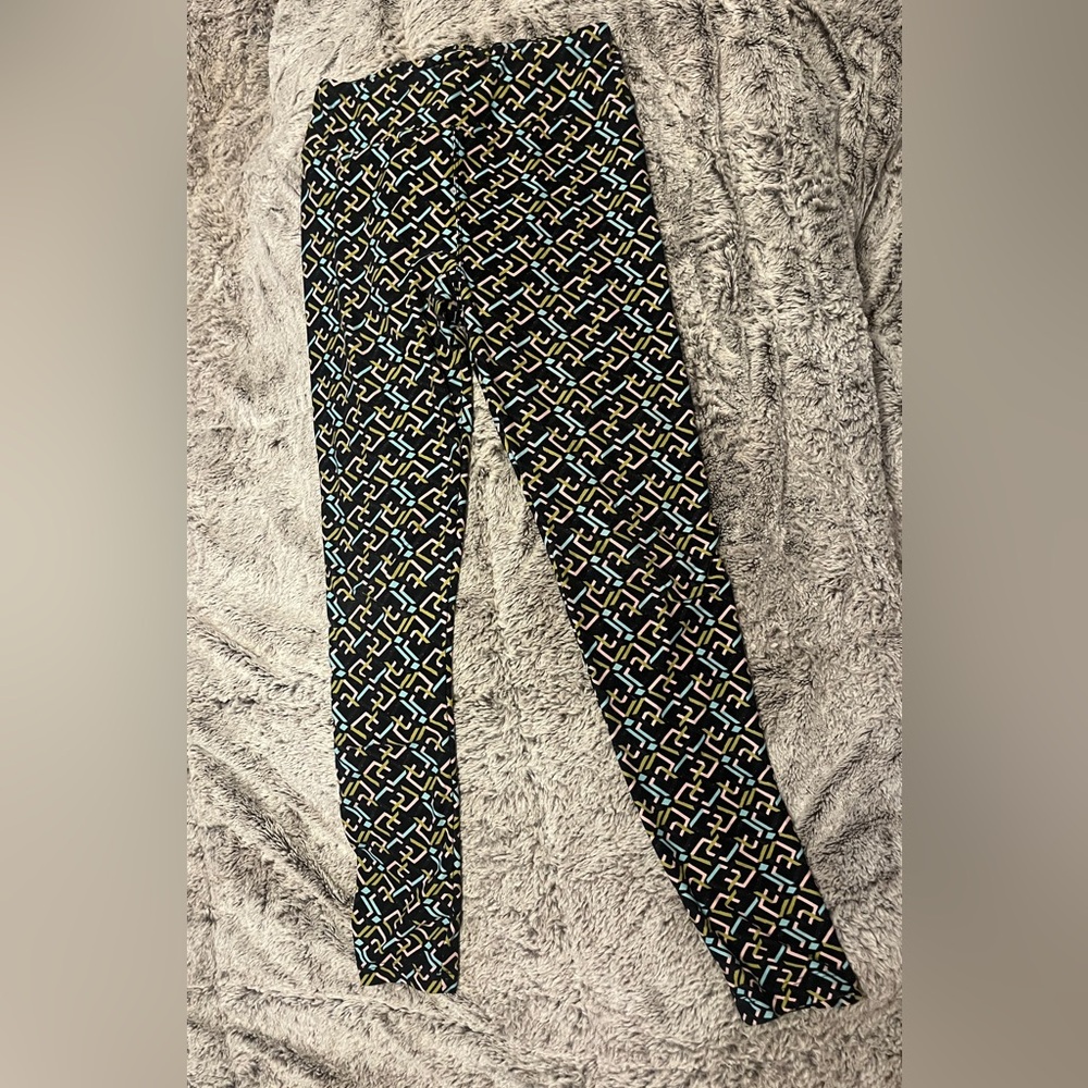 LuLaRoe Women’s Black Geometric Print Leggings with Pastel Accents